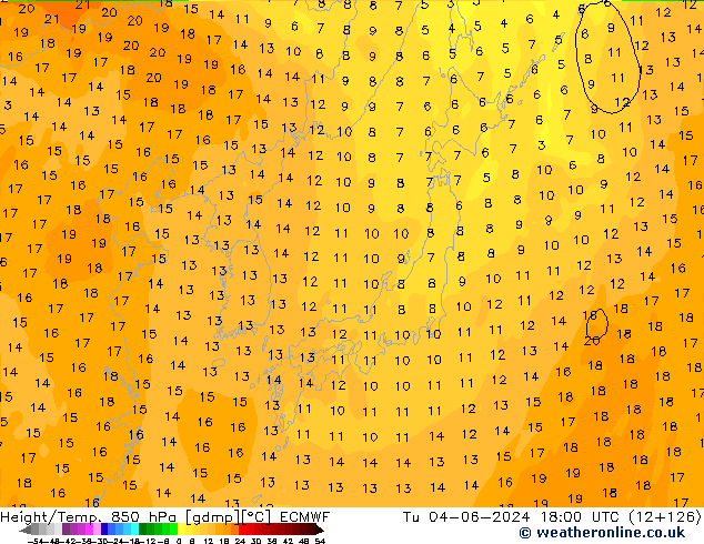 Géop./Temp. 850 hPa ECMWF mar 04.06.2024 18 UTC