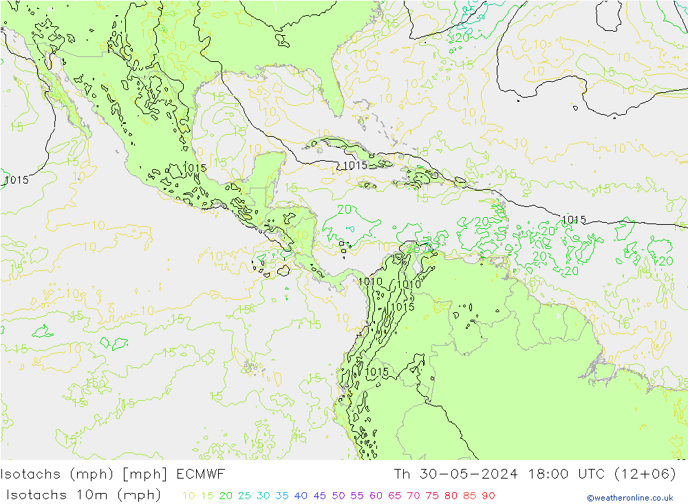 Isotachs (mph) ECMWF Čt 30.05.2024 18 UTC