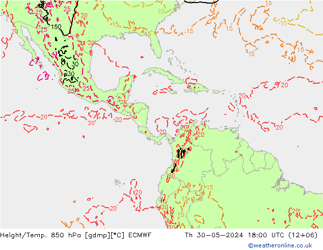 Z500/Rain (+SLP)/Z850 ECMWF gio 30.05.2024 18 UTC