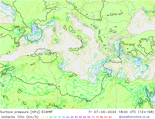 Isotaca (kph) ECMWF vie 07.06.2024 18 UTC