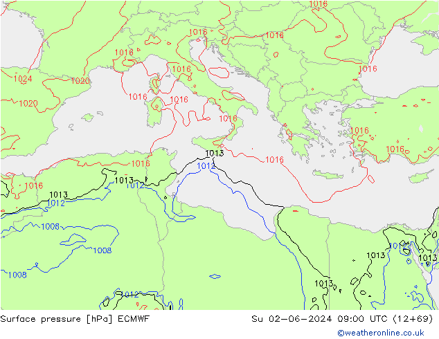 Pressione al suolo ECMWF dom 02.06.2024 09 UTC