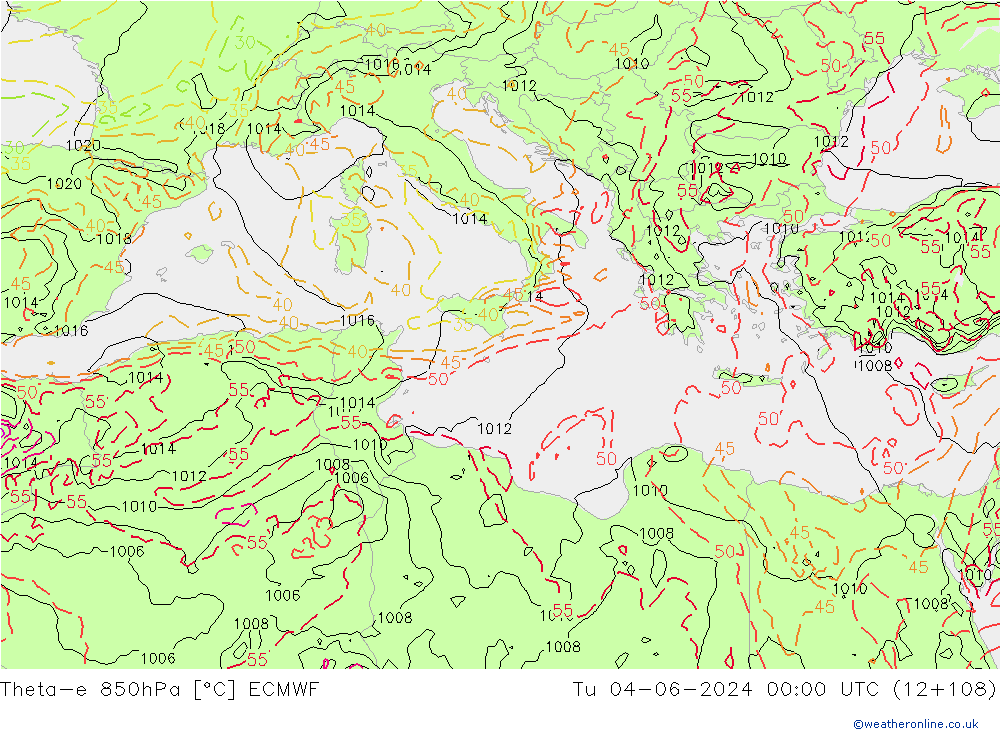 Theta-e 850hPa ECMWF Ter 04.06.2024 00 UTC