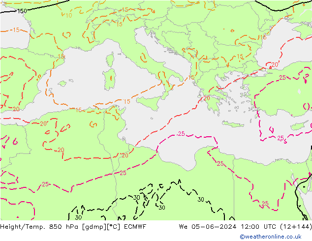 Height/Temp. 850 hPa ECMWF St 05.06.2024 12 UTC