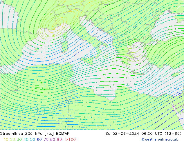 Stromlinien 200 hPa ECMWF So 02.06.2024 06 UTC