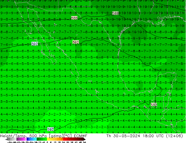 Z500/Rain (+SLP)/Z850 ECMWF чт 30.05.2024 18 UTC