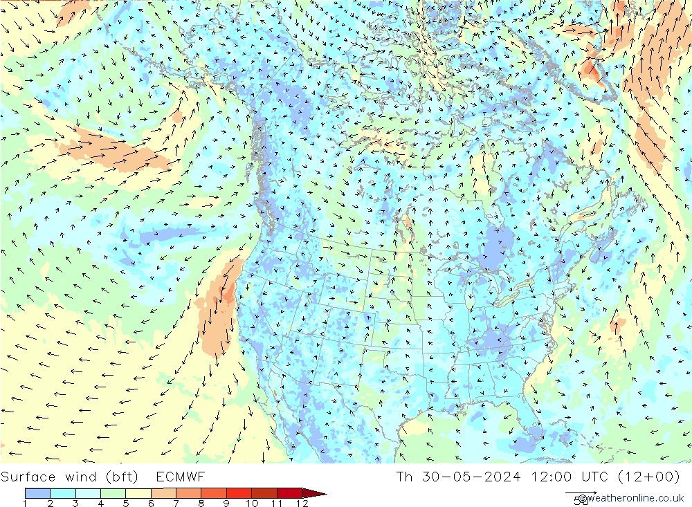Rüzgar 10 m (bft) ECMWF Per 30.05.2024 12 UTC
