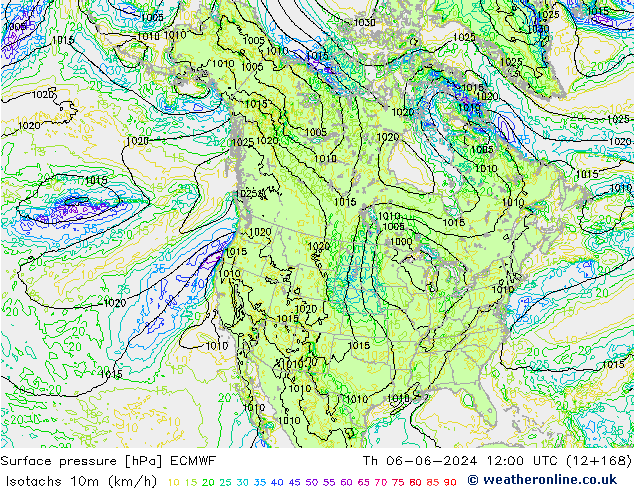 Isotachs (kph) ECMWF  06.06.2024 12 UTC