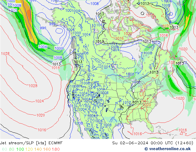 Straalstroom/SLP ECMWF zo 02.06.2024 00 UTC