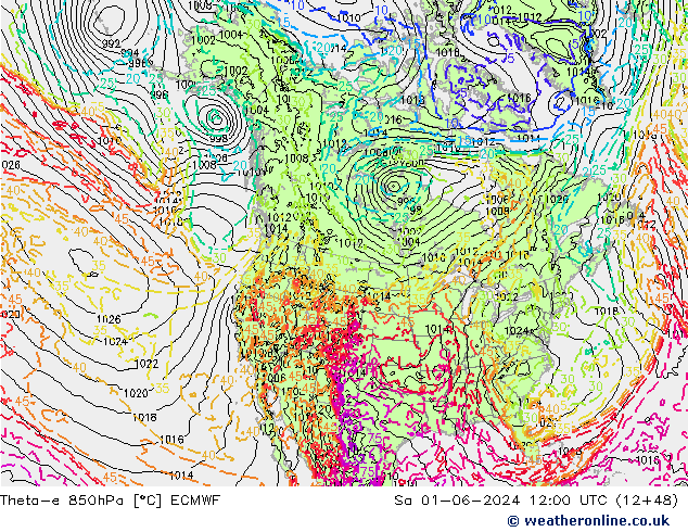 Theta-e 850hPa ECMWF sab 01.06.2024 12 UTC