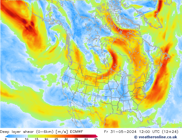 Deep layer shear (0-6km) ECMWF Fr 31.05.2024 12 UTC