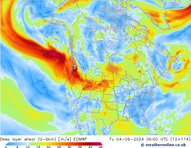 Deep layer shear (0-6km) ECMWF Tu 04.06.2024 06 UTC