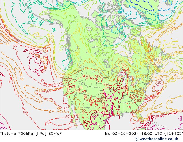 Theta-e 700hPa ECMWF Pzt 03.06.2024 18 UTC