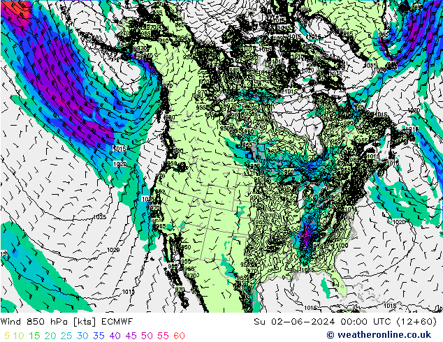 Vento 850 hPa ECMWF Dom 02.06.2024 00 UTC