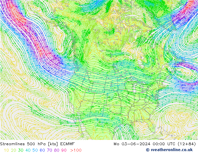 Linia prądu 500 hPa ECMWF pon. 03.06.2024 00 UTC