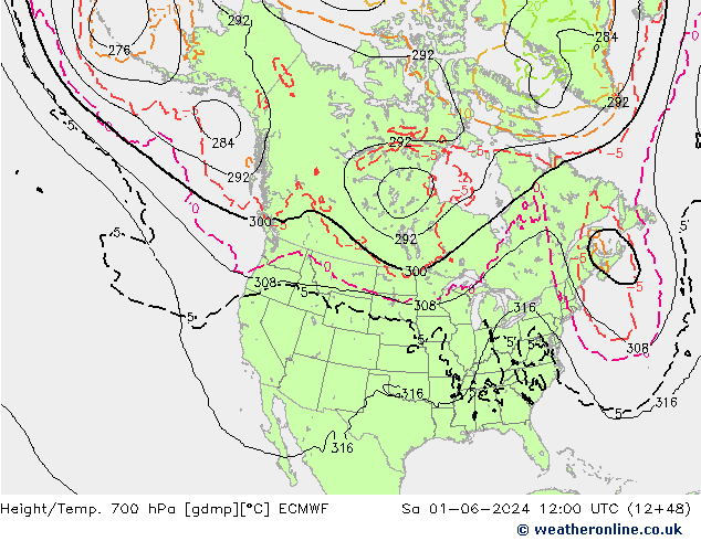 Height/Temp. 700 hPa ECMWF Sa 01.06.2024 12 UTC