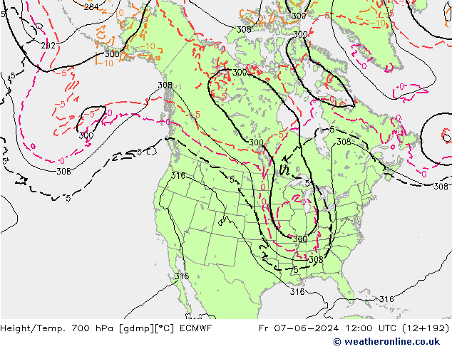 Height/Temp. 700 гПа ECMWF пт 07.06.2024 12 UTC