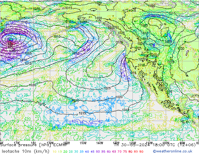 Izotacha (km/godz) ECMWF czw. 30.05.2024 18 UTC