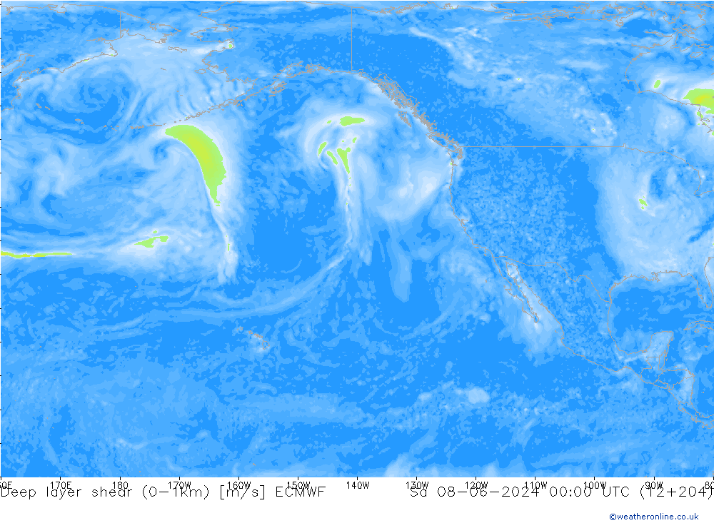 Deep layer shear (0-1km) ECMWF  08.06.2024 00 UTC