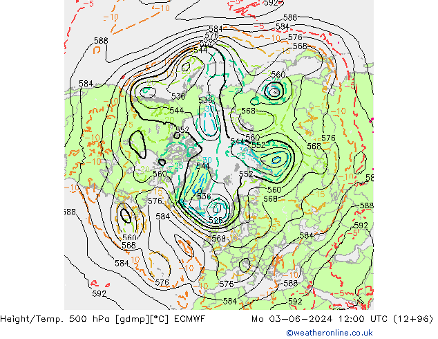 Height/Temp. 500 hPa ECMWF pon. 03.06.2024 12 UTC