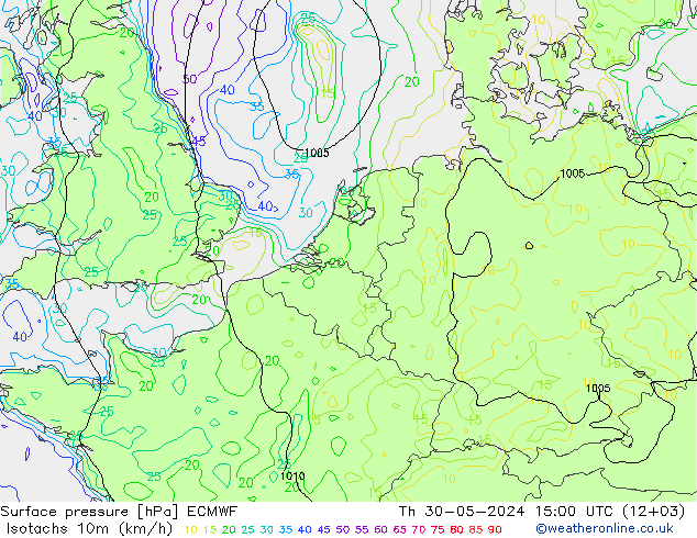 10米等风速线 (kph) ECMWF 星期四 30.05.2024 15 UTC