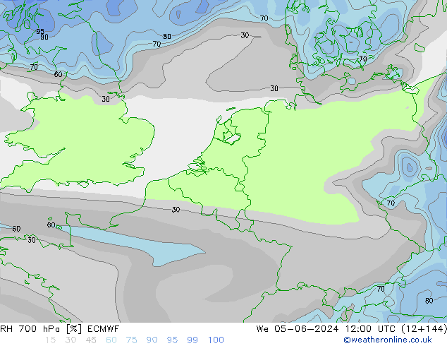 Humidité rel. 700 hPa ECMWF mer 05.06.2024 12 UTC