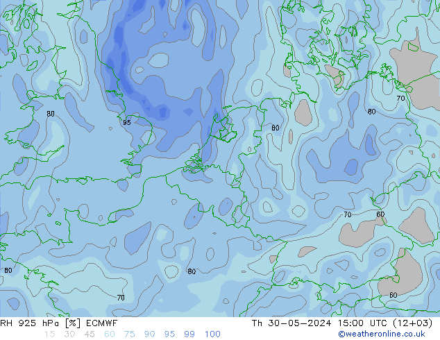 Humedad rel. 925hPa ECMWF jue 30.05.2024 15 UTC