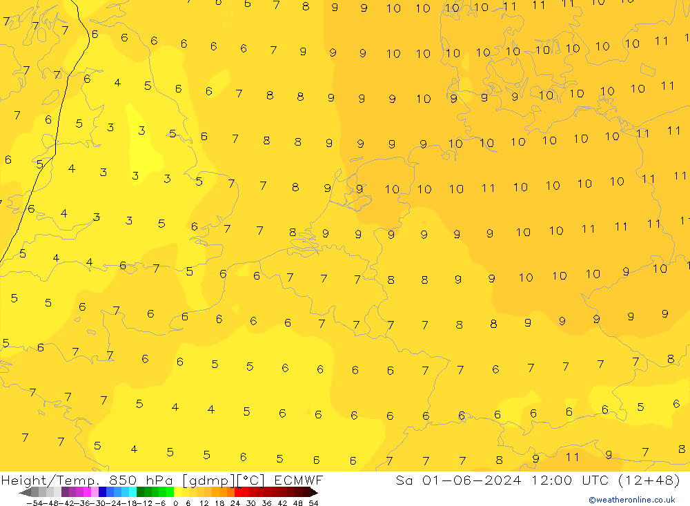 Height/Temp. 850 hPa ECMWF so. 01.06.2024 12 UTC