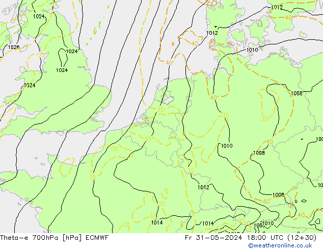Theta-e 700hPa ECMWF Cu 31.05.2024 18 UTC