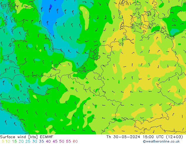 Surface wind ECMWF Čt 30.05.2024 15 UTC