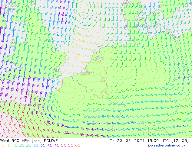 Vento 500 hPa ECMWF Qui 30.05.2024 15 UTC