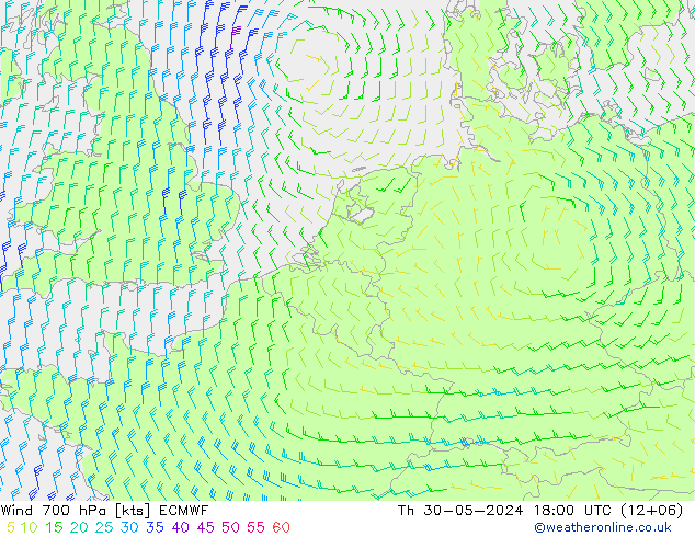 Wind 700 hPa ECMWF Čt 30.05.2024 18 UTC