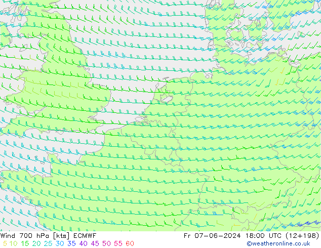 Wind 700 hPa ECMWF Fr 07.06.2024 18 UTC