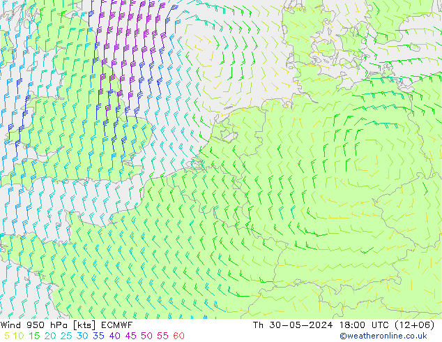 Prec 6h/Wind 10m/950 ECMWF Th 30.05.2024 18 UTC