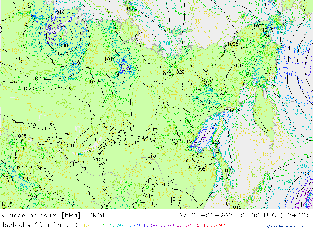 Isotachs (kph) ECMWF Sa 01.06.2024 06 UTC