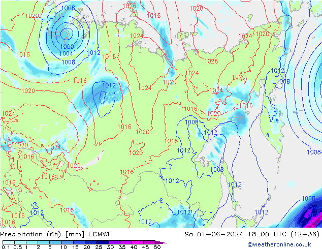 Totale neerslag (6h) ECMWF za 01.06.2024 00 UTC