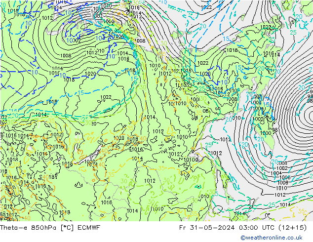 Theta-e 850hPa ECMWF Fr 31.05.2024 03 UTC