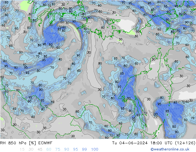 RH 850 hPa ECMWF Út 04.06.2024 18 UTC