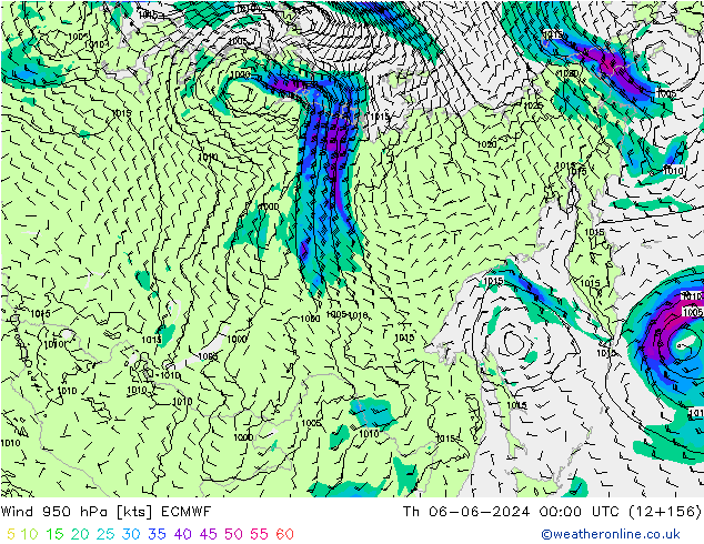 Wind 950 hPa ECMWF Th 06.06.2024 00 UTC