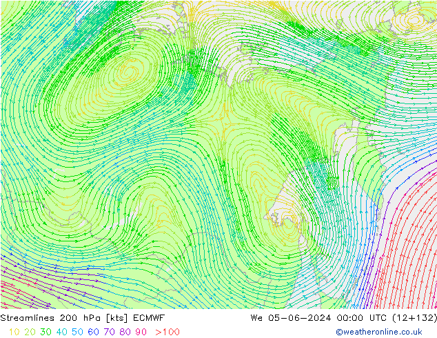 Streamlines 200 hPa ECMWF St 05.06.2024 00 UTC