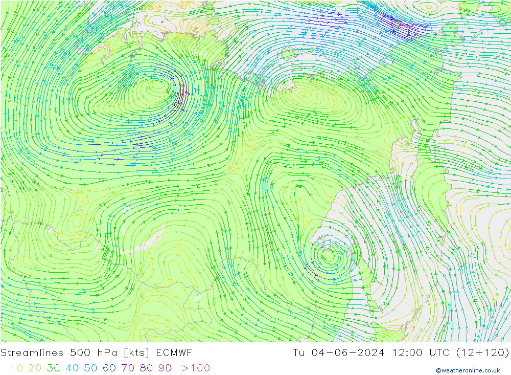 Streamlines 500 hPa ECMWF Tu 04.06.2024 12 UTC