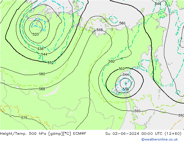 Z500/Rain (+SLP)/Z850 ECMWF Вс 02.06.2024 00 UTC