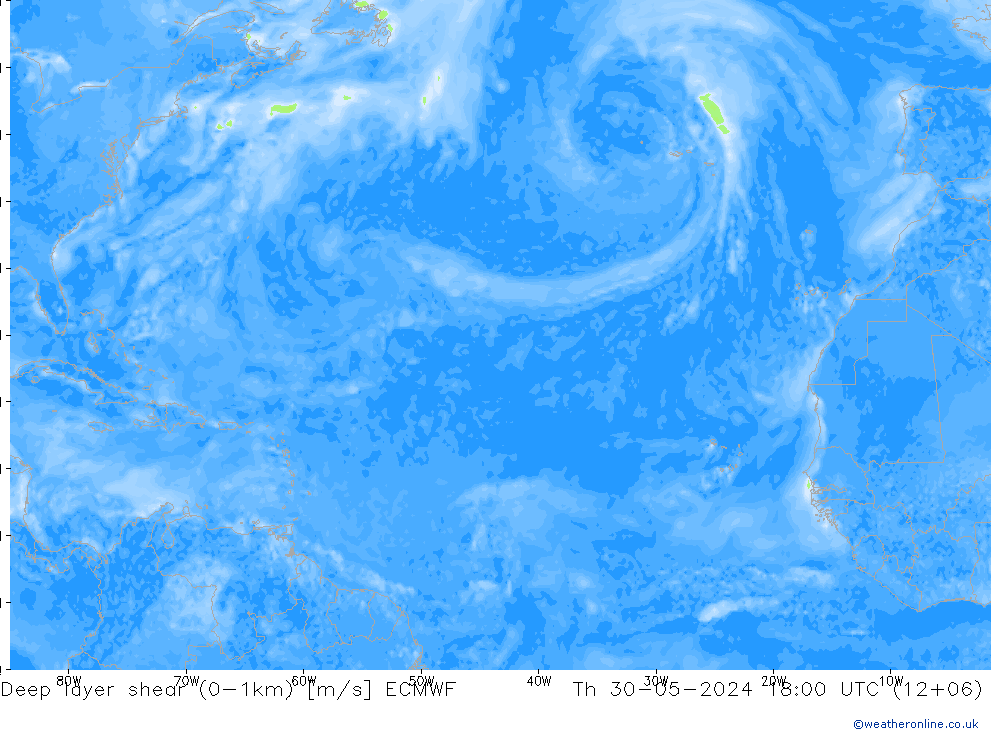 Deep layer shear (0-1km) ECMWF Qui 30.05.2024 18 UTC