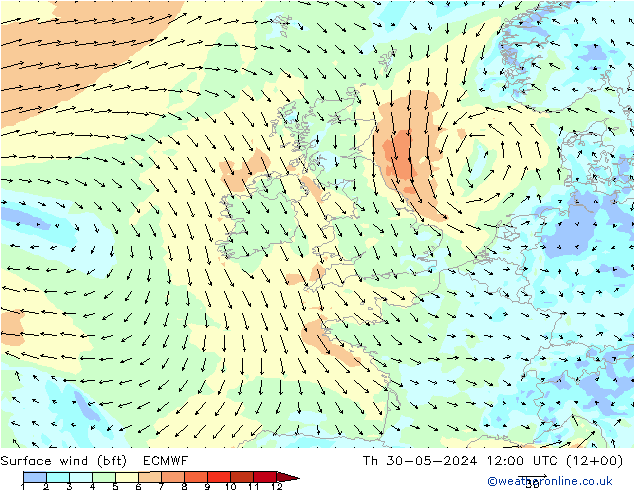 Bodenwind (bft) ECMWF Do 30.05.2024 12 UTC