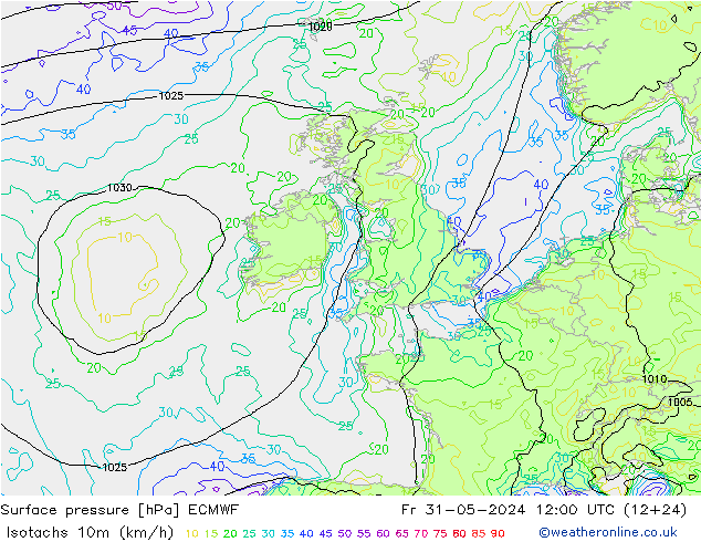 Isotachs (kph) ECMWF Sex 31.05.2024 12 UTC