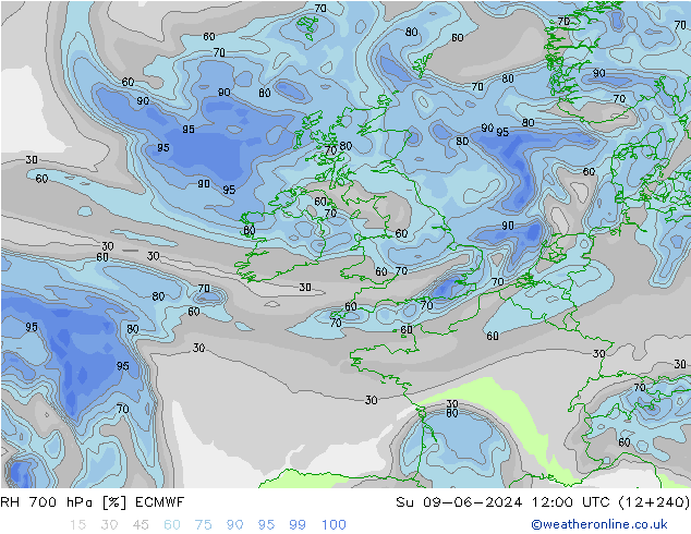 RH 700 hPa ECMWF Su 09.06.2024 12 UTC