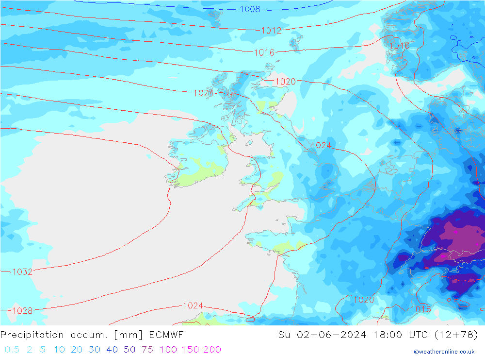 Precipitation accum. ECMWF dom 02.06.2024 18 UTC
