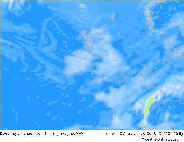 Deep layer shear (0-1km) ECMWF Fr 07.06.2024 06 UTC