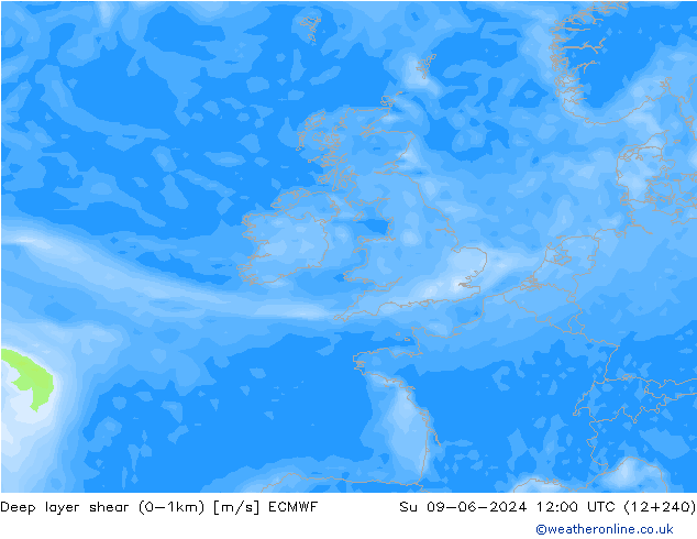 Deep layer shear (0-1km) ECMWF Su 09.06.2024 12 UTC