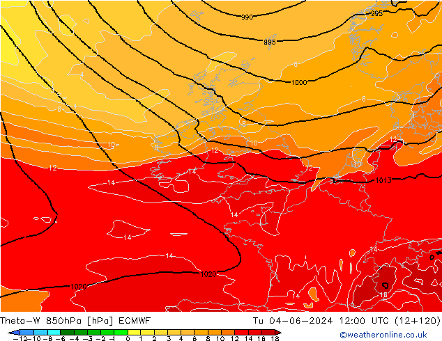 Theta-W 850hPa ECMWF Út 04.06.2024 12 UTC