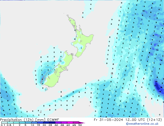 Precipitation (12h) ECMWF Pá 31.05.2024 00 UTC